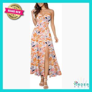 Floral Maxi Dress Spaghetti Strap V Neck Twist Front Slit Boho Summer